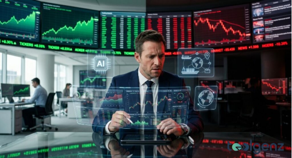 Analyst in a suit studies holographic AI and supply chain icons while red market screens surround him. Curved monitors display green and red charts showing the split in market sentiment.
