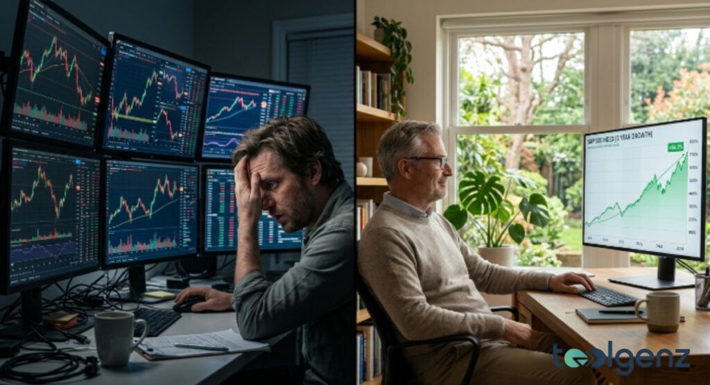 A split-screen compares a stressed day trader facing red charts and a calm investor viewing green growth. One side is dark with multiple screens. The other is bright with a single 15-year growth chart.