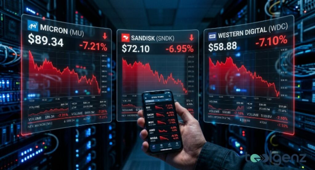 Holographic stock panels show Micron, SanDisk, and Western Digital all down over 6% in a server room. A hand holds a smartphone with red charts as data center racks glow blue in the background.