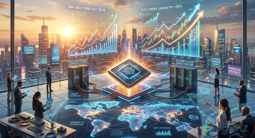 Analysts in a penthouse office point to S&P 500 Forecast 2026 and Tech Index Growth +38% charts above a central AI chip. Servers labeled “HIGH PERFORMANCE COMPUTE CLUSTER” and “SECURE CLOUD DATA CENTER” frame global data streams.