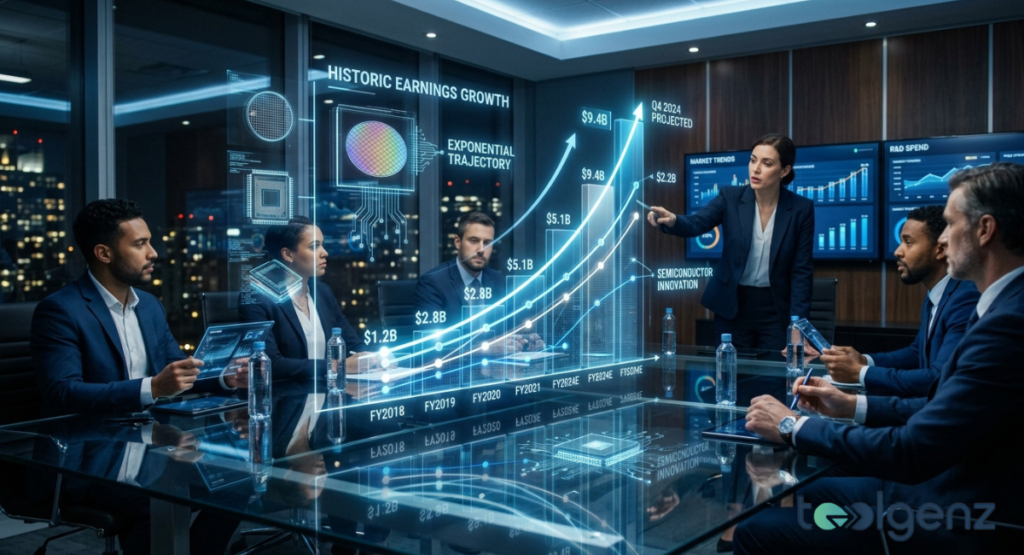Boardroom team reviews “HISTORIC EARNINGS GROWTH” as a holographic chart climbs from $1.2B in FY2018 to $9.4B projected for Q4 2024. Executives analyze wafer, chip, and R&D spend visuals while discussing semiconductor innovation trends.