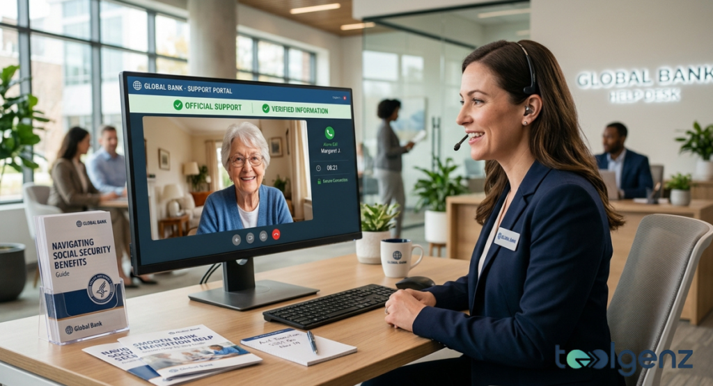 Global Bank help desk agent in a headset video calls a senior to provide verified support through an official portal. “NAVIGATING SOCIAL SECURITY BENEFITS” guides and “SMOOTH BANK TRANSITION HELP” brochures sit on the desk.