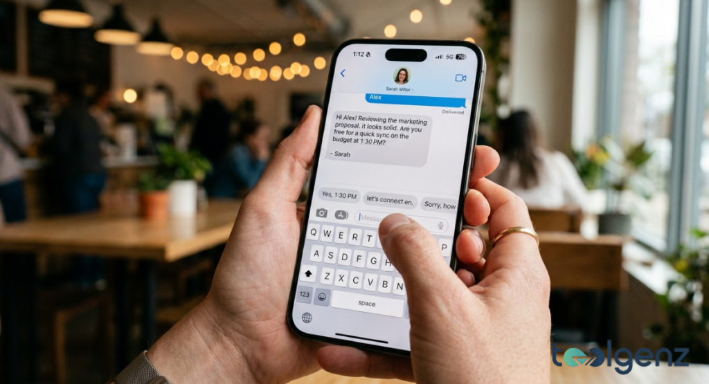 Person holds iPhone in a café showing Messages with smart reply chips: “Yes, 1:30 PM” and “let’s connect.” The thread discusses a marketing proposal and meeting time, with AI suggesting quick responses above the keyboard.