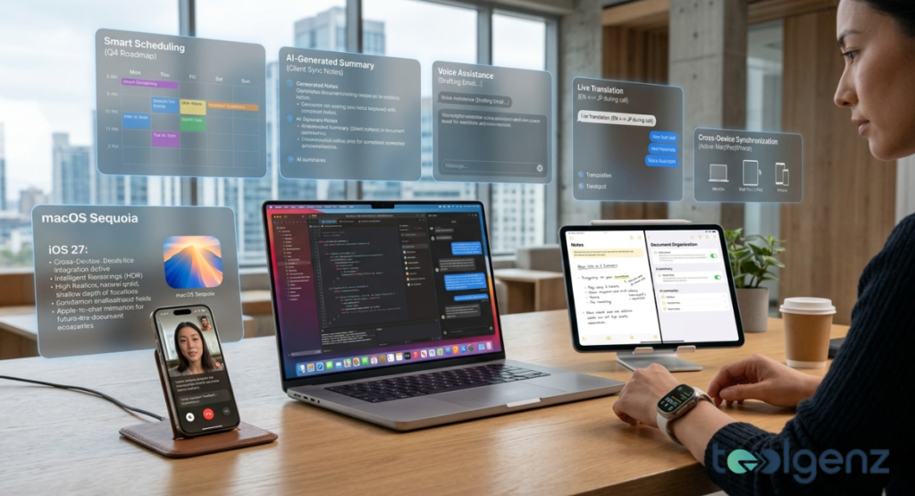 Workspace shows MacBook, iPad, and iPhone with holographic cards for Smart Scheduling, AI-Generated Summary, and Live Translation. Voice Assistance drafts emails and Cross-Device Synchronization links iPhone, Mac, and iPad workflows.