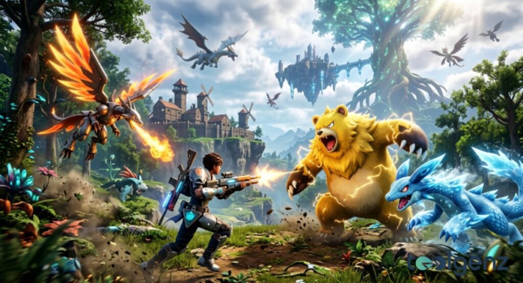 Armored player fires at a massive electric bear in Palworld as dragons and floating islands fill the sky. A mechanical phoenix breathes fire near windmills and a glowing world tree in the background.