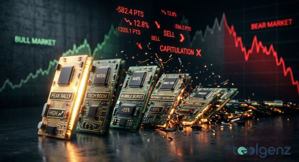 Circuit boards labeled “Peak Rally” and “Tech Boom” topple like dominoes toward “Bear Market” charts. Green bull market graphs shift to red as chips crack and sparks fly.
