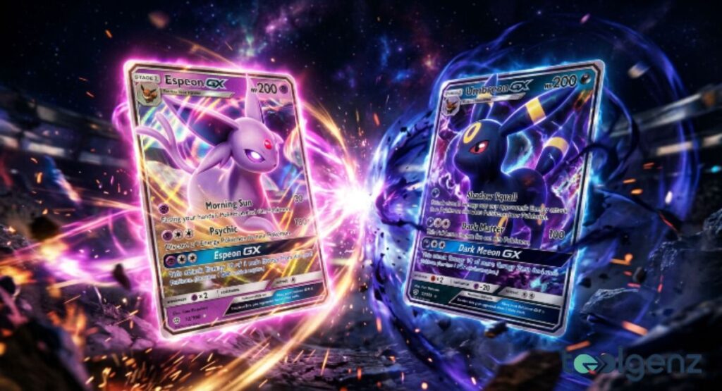Two holographic cards, Espeon ex and Umbreon ex, clash with pink and purple energy in a cosmic arena. Sparks fly as the psychic and dark-type artwork glow against a starry, rocky backdrop.