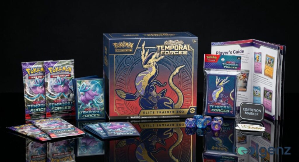 A Temporal Forces Elite Trainer Box sits centered with booster packs, sleeves, dice, and a player’s guide. The box art features a stylized dragon against a red and blue gradient on a reflective surface.