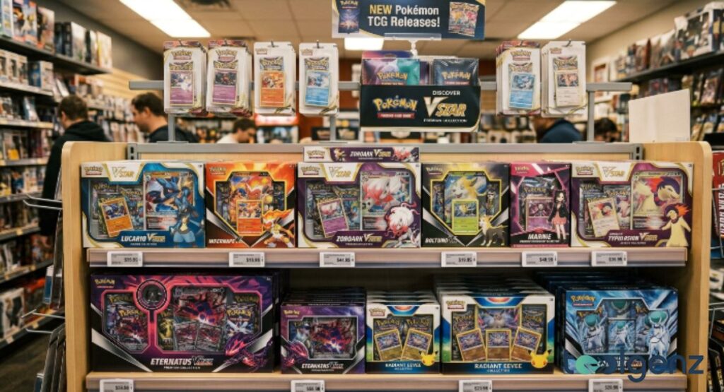 Retail shelves display VSTAR boxes, Eternatus collections, and Radiant Eevee sets under a “New Releases” sign. Price tags show mid-range MSRP while shoppers browse the aisle in the background.