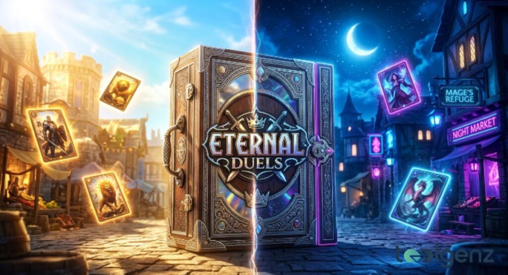 An ornate spellbook labeled “Eternal Duels” splits a medieval town between sunny day and neon-lit night. Golden cards of knights float left while purple cards of mages and dragons float right.