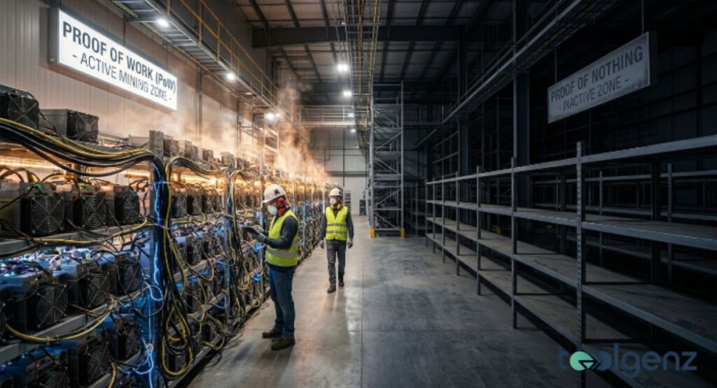 Technicians in hard hats inspect active mining rigs under a “Proof of Work – Active Mining Zone” sign. Empty shelves sit on the right under a “Proof of Nothing – Inactive Zone” sign.