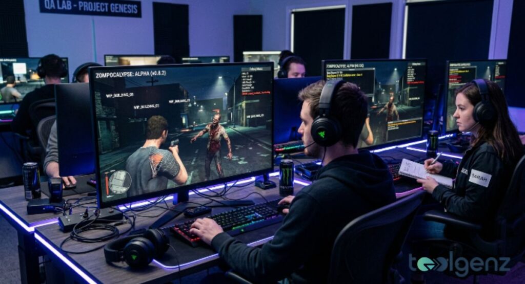 QA testers with headsets play “ZOMPOCALYPSE: ALPHA (v0.8.2)” in a blue-lit lab labeled “Project Genesis.” A tester named Sarah takes notes while a player fights a zombie on-screen.