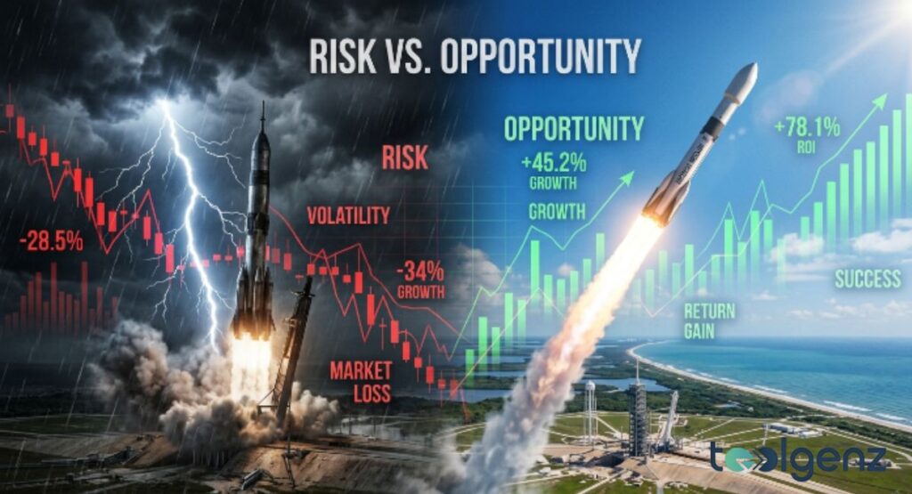 A split scene shows a rocket launching in a storm with red charts on the left, and clear skies with green growth on the right. Text overlays read “RISK” with lightning and “OPPORTUNITY” with sunlight.