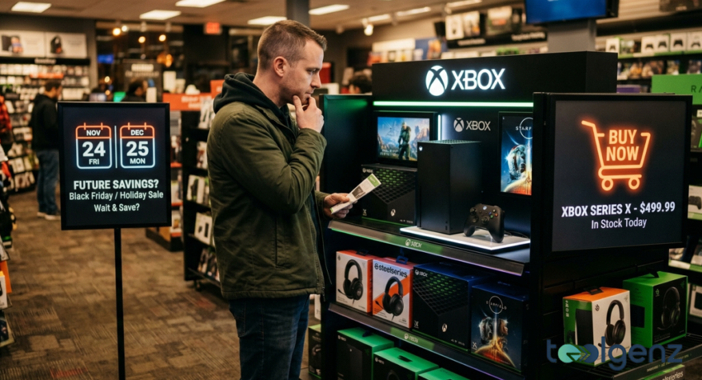Shopper in a game store debates at an Xbox display showing $499.99 “In Stock Today” and Black Friday signs. “FUTURE SAVINGS? Wait & Save?” sits next to a “BUY NOW” screen with Halo and Starfield box art.