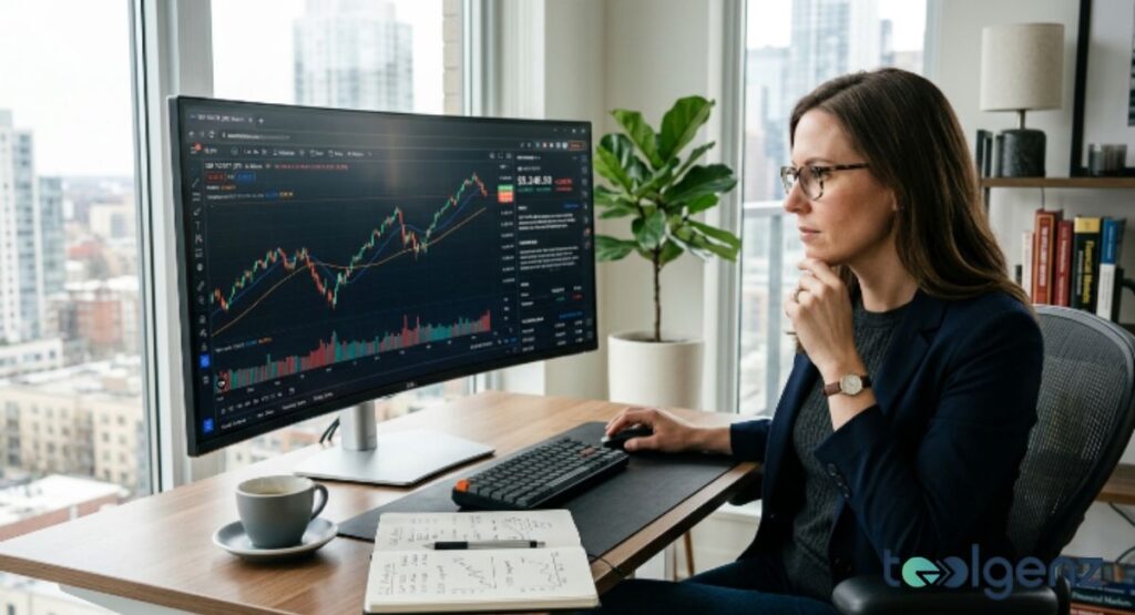 A professional woman studies an S&P 500 chart on a large monitor in a bright home office. She takes notes in a notebook beside a coffee cup, with a city skyline in the background.