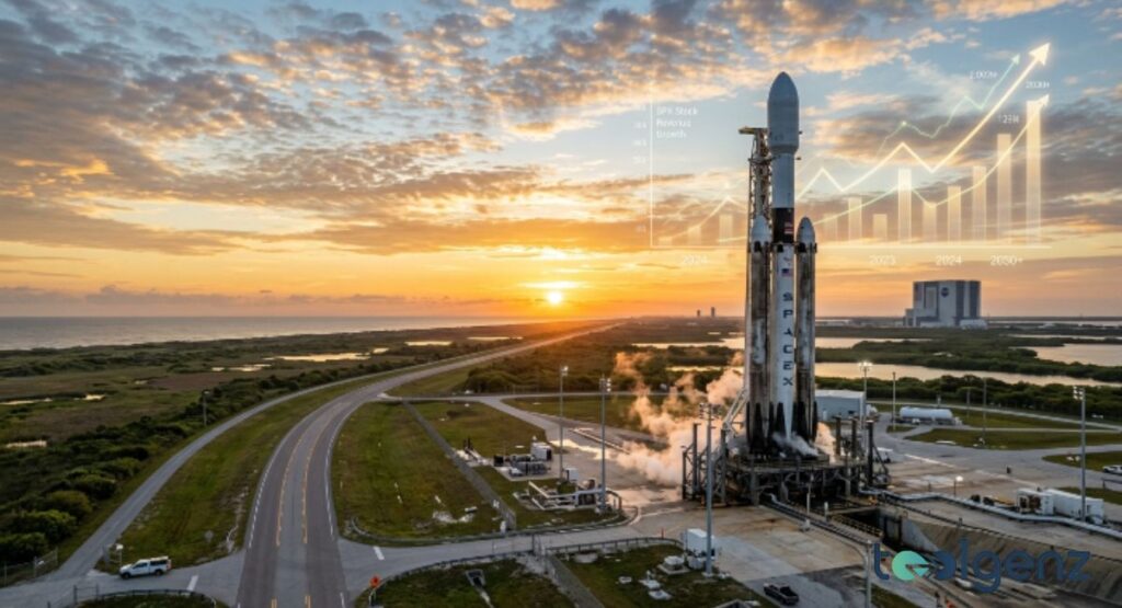 A SpaceX Falcon Heavy rocket stands on the launchpad at sunrise with projected revenue charts overhead. Growth bars extend toward 2050+ against a backdrop of NASA’s Vehicle Assembly Building.