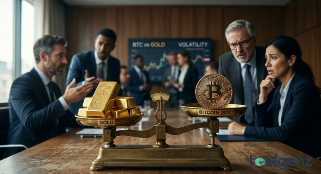 A brass scale holds gold bars on one side and a coin on the other as executives debate in a boardroom. A “Volatility” chart with candlesticks is displayed on a screen behind them.
