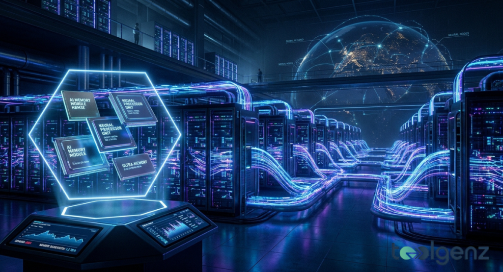Data center with glowing fiber-optic cables powers rows of servers while a hologram shows AI Memory Module HBM3E and Neural Processor Units. Global data and neural node graphics orbit the facility, highlighting AI workload demands.