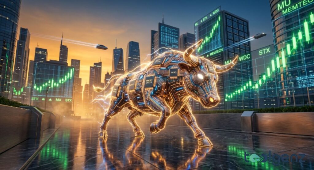 Futuristic cityscape at dusk features a glowing bull made of circuit boards and memory chips. Skyscrapers display green MU, WDC, and STX tickers as flying cars streak overhead.