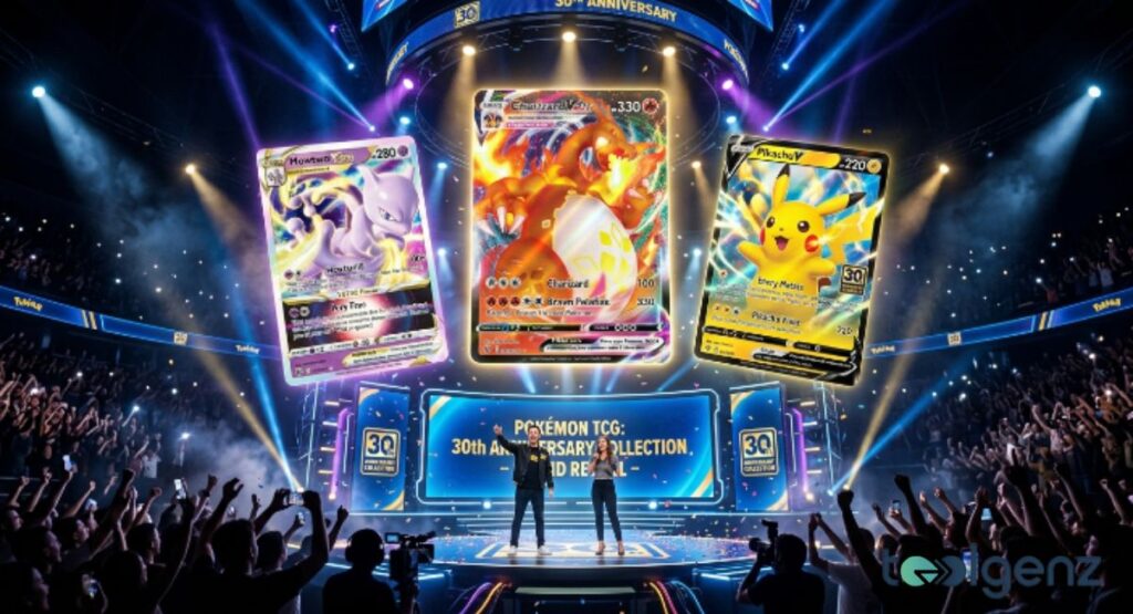 Three giant holographic trading cards featuring Mewtwo, Charizard, and Pikachu float above a stage at a live reveal. The crowd cheers under a “30th Anniversary” banner as presenters announce the new Pokémon TCG expansion.