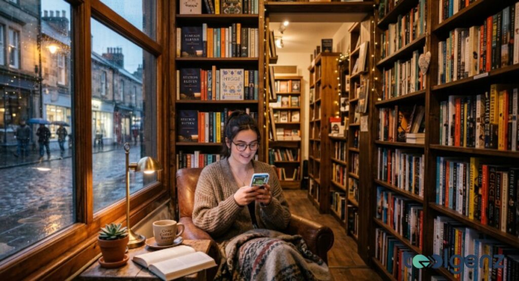 Woman in a cozy bookstore armchair plays a game on her phone, wrapped in a blanket by a rainy window. Bookshelves tower around her with a “Cozy Corner Reads” mug and lamp on the side table.