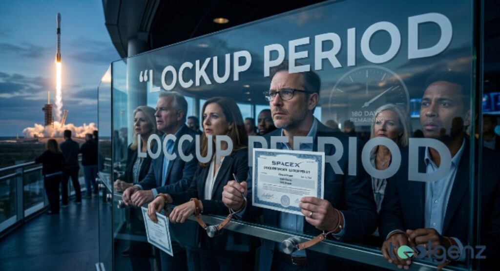 Investors stand behind glass labeled “LOCKUP PERIOD” while holding stock certificates at a launch viewing.