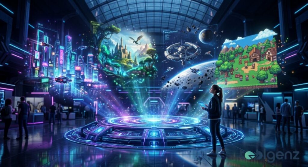 Woman at a futuristic expo watches holographic displays of indie games: cyberpunk city, fantasy realm, and space station. A glowing circular platform projects pixel art, castles, and planets in a dark exhibition hall.