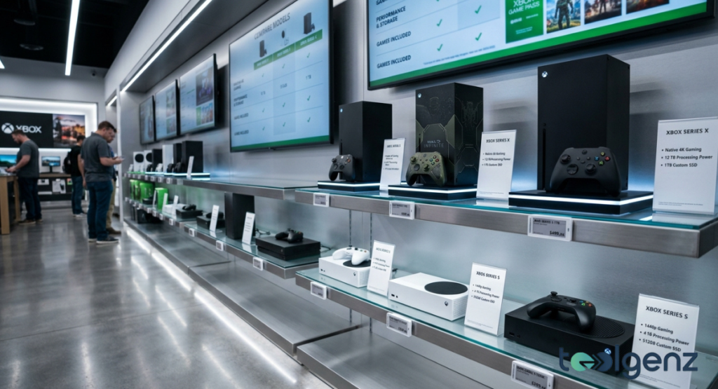 Retail wall displays Series X, Series S, and Halo edition consoles with spec cards for 4K, 12 TF, and 1TB SSD. Comparison screens above list performance, storage, and Game Pass compatibility across models.