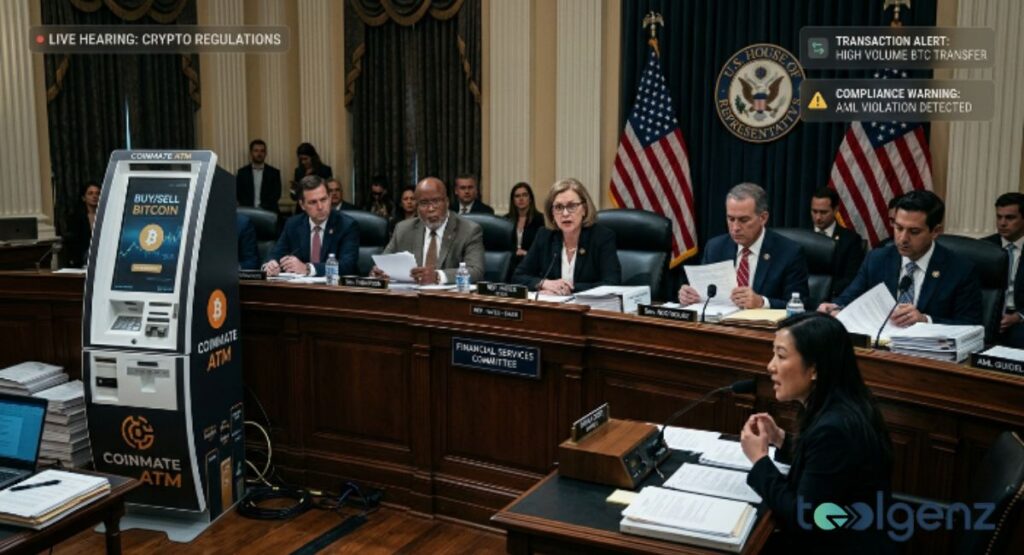 A Coinmate ATM stands in a House Financial Services Committee hearing as lawmakers review documents. Holographic alerts show “AML VIOLATION DETECTED” and “HIGH VOLUME BTC TRANSFER” above the witness table.