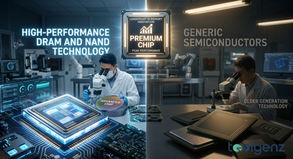 Split-screen lab shows a scientist examining an advanced DRAM wafer under “HIGH-PERFORMANCE DRAM AND NAND TECHNOLOGY” on the left. On the right, generic semiconductors and older generation technology sit beside a technician with a microscope.