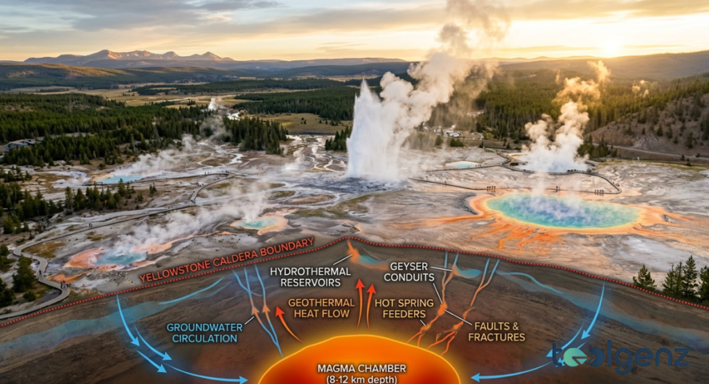 Park ranger directs visitors away from an active geyser basin as steam plumes rise behind emergency vehicles. Crowds with cameras document the event while staff in safety vests manage the boardwalk evacuation.