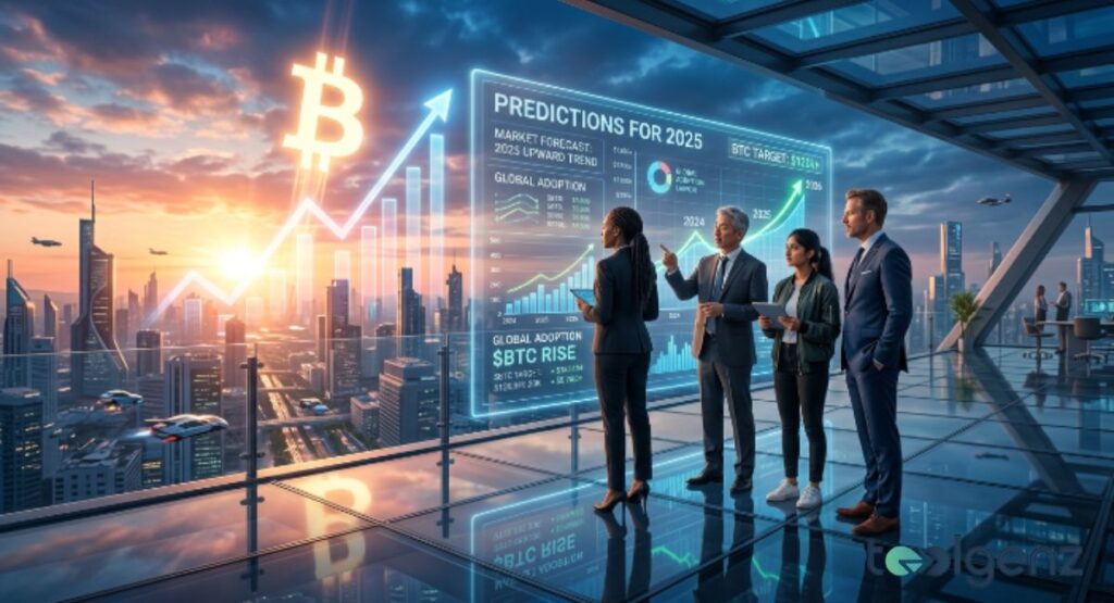 Four professionals review a holographic “Predictions for 2025” dashboard on a glass balcony at sunset. An upward arrow and glowing coin logo rise over a futuristic city skyline.