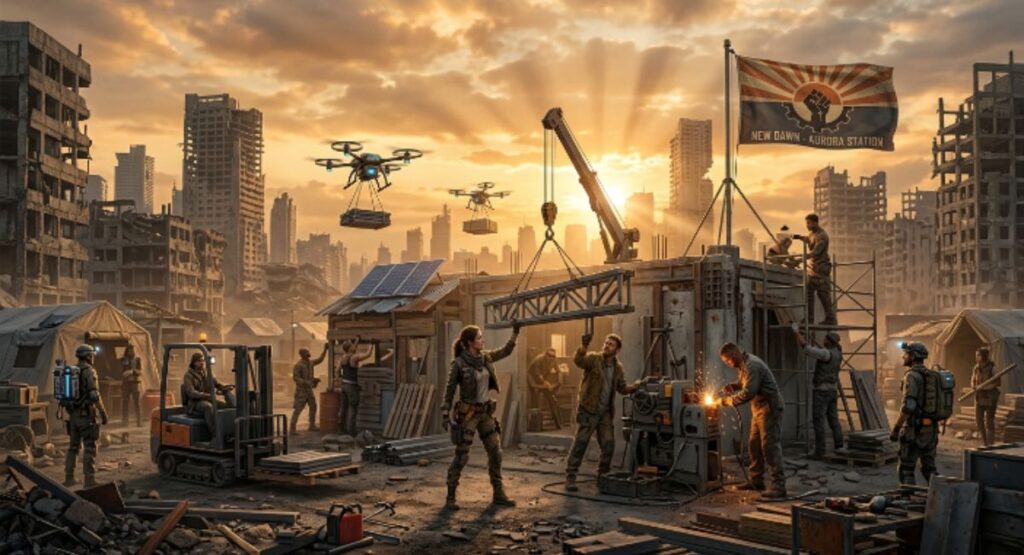Survivors rebuild a settlement at sunrise as drones deliver supplies and a crane lifts steel beams. A “NEW DAWN – AURORA STATION” flag flies above solar panels and scaffolding.