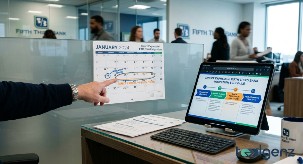 Hand points to a January 2024 calendar marking “MIGRATION BEGINS” as a tablet displays the migration schedule. Fifth Third Bank office staff review preparation, testing, and data migration phases from December to January.