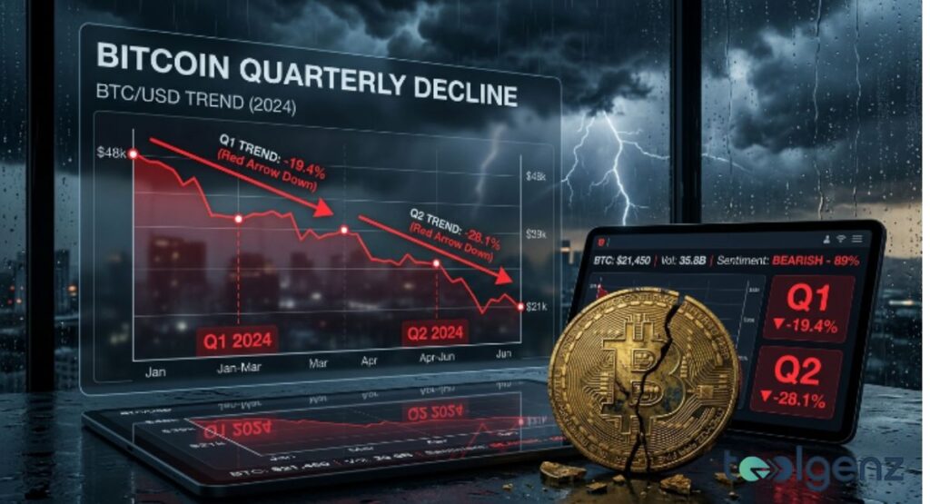 A cracked coin sits in front of a tablet showing Q1 and Q2 declines against a stormy window backdrop. A holographic chart marks -19.4% and -28.1% drops with lightning outside.