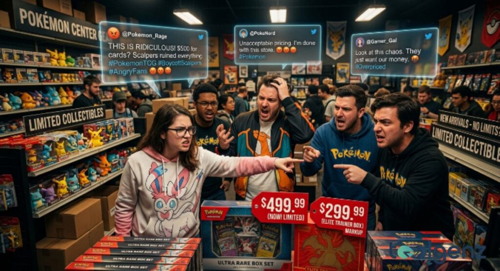 Upset customers argue in a store aisle beneath floating social media comments criticizing card prices. Red tags show $499.99 and $299.99 on Ultra Rare and Elite Trainer Box sets.