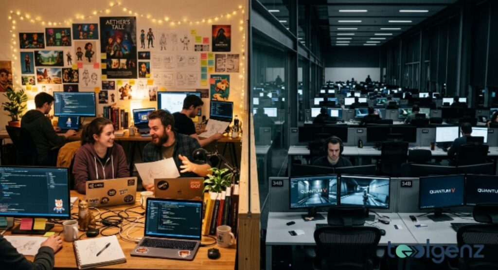 Split view compares a warm, collaborative indie studio with concept art and string lights to a cold AAA office floor. Small team laughs over sketches while a vast cubicle farm works silently under fluorescent lights.