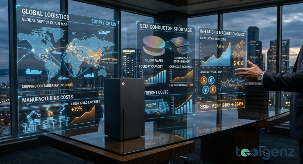 Console on a glass table with holographic overlays for global logistics, semiconductor shortage, and inflation charts. Shipping rates +240%, chip cost +38%, and MSRP rising from $499 to $549+ visualize cost pressures.