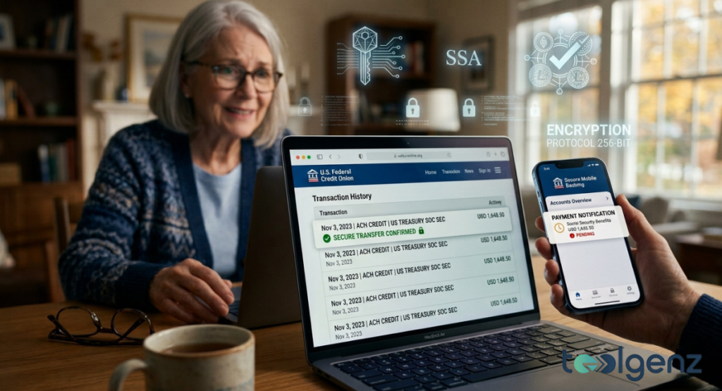 Senior checks laptop showing “ACH CREDIT | US TREASURY SOC SEC” and “SECURE TRANSFER CONFIRMED” with encryption icons.