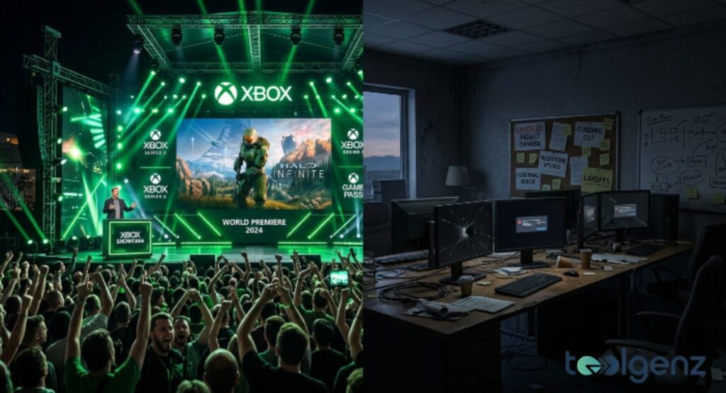 Left: A packed Xbox Showcase crowd cheers a “World Premiere 2024” under bright green lights. Right: An empty dev office with cracked monitors and sticky notes reading “Cancelled,” “Funding Cut,” and “Layoffs.”