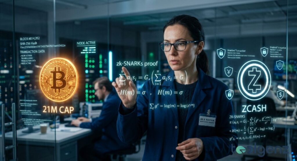 A scientist in a lab coat interacts with holographic Bitcoin Supply Debate data and Zcash zk-SNARKs equations. A glowing Bitcoin “21M CAP” icon and Zcash logo float beside cryptographic proofs on glass screens.
