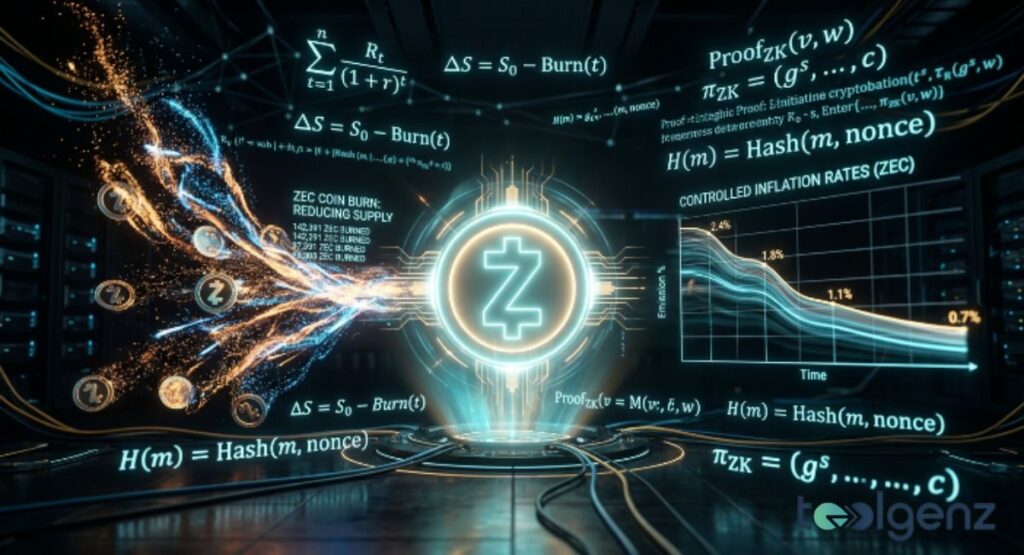 Holographic Zcash logo emits streams of burning coins while inflation graphs trend downward to 0.7%. Cryptographic formulas and “ZEC COIN BURN” stats float in a dark server room environment.
